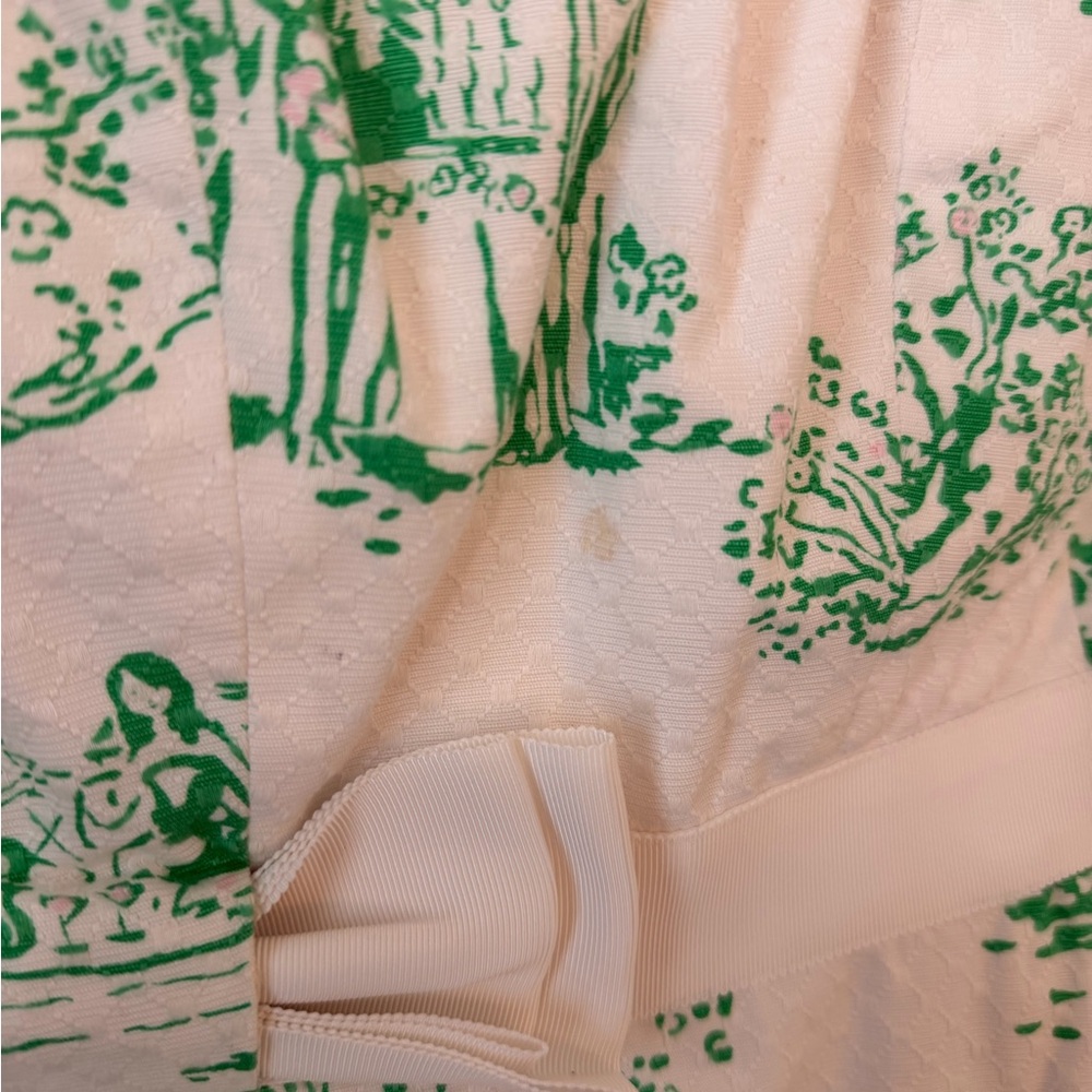 Vintage Lilly Pulitzer White Strapless Toile Dress with Green Print and Bow - Picture 4 of 5